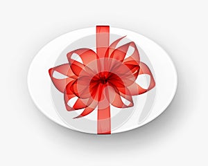 White Oval Gift Box with Transparent Red Bow and Ribbon