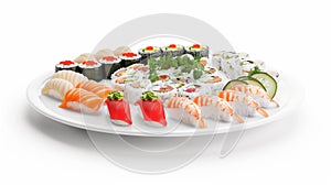 Lifelike photo of a sushi platter with various rolls and sashimi photo