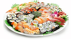 Lifelike photo of a sushi platter with various rolls and sashimi photo