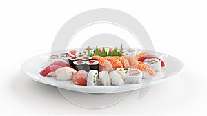 Lifelike photo of a sushi platter with various rolls and sashimi photo