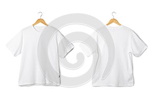 White Oversize T shirt mockup hanging, Realistic t-shirt. photo