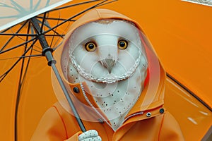 White owl in autumn rain coat under open umbrella, for creative seasonal promotions.