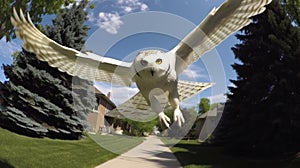 White owl flies toward camera with wings open wide