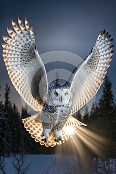 White owl flying with flapping wings in snowy winter wilderness