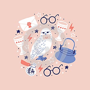 White owl holding letter in claw, round glasses