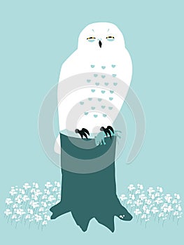 White owl with prey against blue background