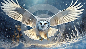 White Owl or Snowy Owl Flying in Winter Landscape with Snow - Generative Ai