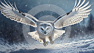 White Owl or Snowy Owl Flying in Winter Landscape with Snow - Generative Ai