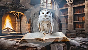 A white owl stands next to an open old book. Generated with AI