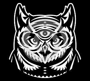 White owl totem head with a third eye on a black background. Vector monochrome illustration. Template for design