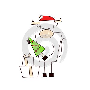 White ox. Merry Christmas and happy new year 2021. Funny cute kawaii bull with presents and christmas tree isolated on