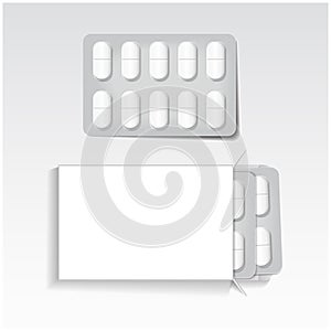 White package with oval tablets, blisters pack medicines mock up vector template. Painkillers, antibiotics, vitamins