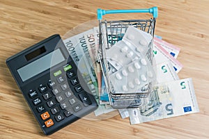 White package pills in miniature shopping cart on pile of Euro banknotes money with calculator on wood table, health care, medical