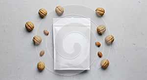 Blank White Pouch Mockup with Walnuts and Almonds