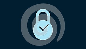 White Padlock with clock icon isolated on blue background. Time control concept. Lock and countdown, deadline, schedule