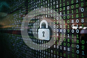 White padlock icon on digital screen displaying green and white binary code digital data security