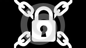 White Padlock Secured by Chains Icon on Black Background