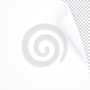 White page with curled corner, empty bent paper template for book, magazine. Vector post for notes, memory, remind. Bent