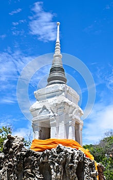 White pagoda & Buddha statue on blue sky