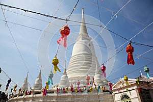 White Pagoda with lantern and ceremonial thread at Wat Prayurawongsawas Worawiharn