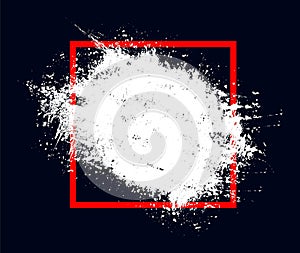 A white paint splatter in a square vintage frame vector, a red brush stroke with white square on a black background,