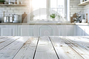 White painted boards of the kitchen table, white blurred kitchen interior and window
