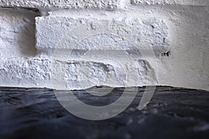 White painted brick background with texture and foreground of out-of-focus dark wood.