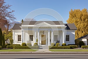white painted greek revival house with stone pediments