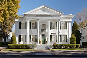 white painted greek revival house with stone pediments photo