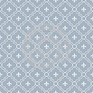 White and Pale Blue Fleur-De-Lis Pattern Textured Fabric Background photo