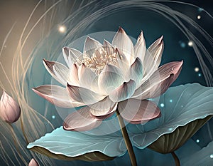 White and pale pink lotus flower with a swirl graphic background