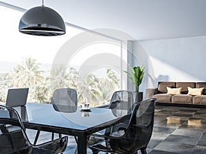 White panoramic dining room corner, sofa