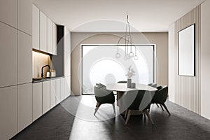 White panoramic kitchen with table
