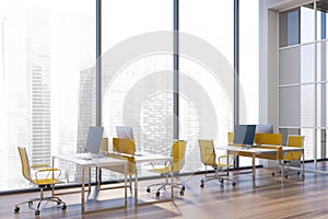 White panoramic office with yellow chairs
