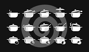 White pans icons set in simple style. Cooking in a saucepan with steam, stirring, warm homemade food. Logos isolated on