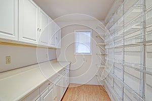 White pantry fitted with shelves and cabinets