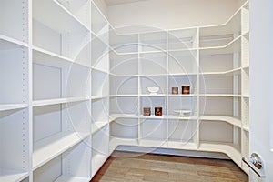 Pantry interior with empty shelves in a new home photo