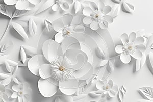 White paper abstract 3D flowers background. Beautiful romantic floral design. Generative AI