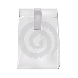 White paper bag with blank sticky label vector mockup. Eco package with seal sticker realistic mock-up