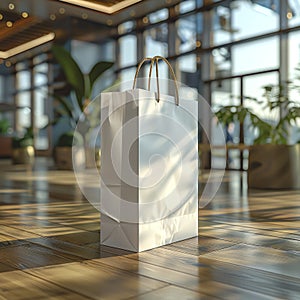 White paper bag on a blurred shopping center background.
