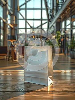 White paper bag on a blurred shopping center background.