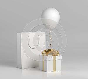 White paper bag with gift and balloon 3D render