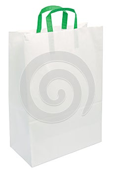 White Paper Bag Green Handles Isolated Closeup