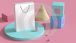 white paper bag mock up abstract 3d geometric shape colorful set on pink background 3d render business shopping concept