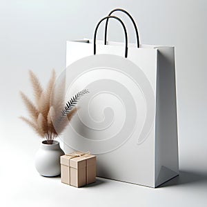 White Paper Bag Mockup with gift box and flower vase. Blank Paper Shopping Bag with rope handles on a white background surface