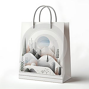 White Paper Bag Mockup with mountain sunrise scene and brown rope handle isolated on a white background. Blank Paper Shopping Bag