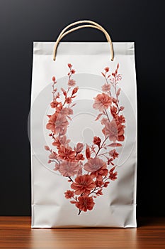 A white paper bag with red flowers on it. Black background.