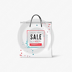 White paper bag with Sale offer. Empty bag with advertising sales. Vector