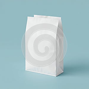 A white paper bag stands upright against a light blue background. The bag is