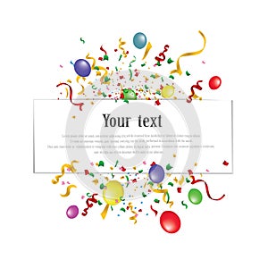 White paper banner, colored balloons and colored confetti. vector file.